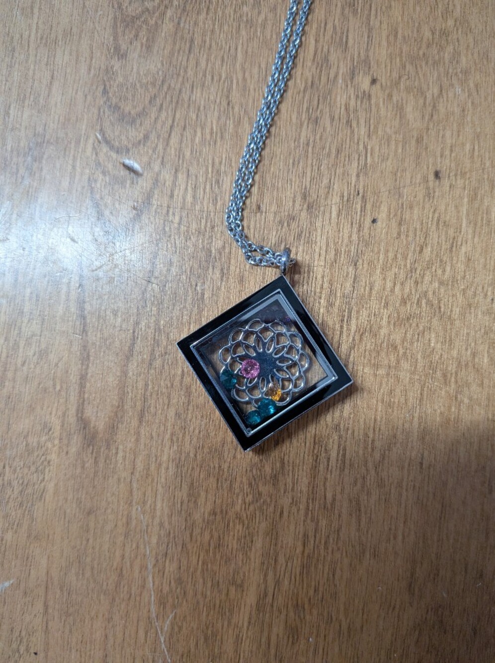 3/$14 Square Silver Locket Necklace with Floral Filigree and Colored Crystals